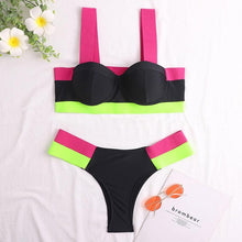 Load image into Gallery viewer, Women's Swimsuits Swimwear Patchwork Bikini Woman Push up Bikinis Swimsuit Bathing Suits Women Rave Neon Patchwork Bikini Swimsuit 2 Piece Cutout Molded Push Up Bathing Suit