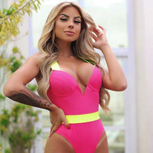Load image into Gallery viewer, Women's Swimsuits Swimwear Patchwork Bikini Woman Push up Bikinis Swimsuit Bathing Suits Women Rave Neon Patchwork Bikini Swimsuit 2 Piece Cutout Molded Push Up Bathing Suit