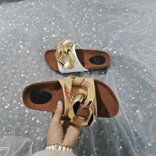 Load image into Gallery viewer, Women Slippers Metal Chain Leather Flat Slippers Women Fashion Casual Shoes Runway Half Women Flat Slide Sandals Slip On Open Toe Sandals Casual Style Slippers