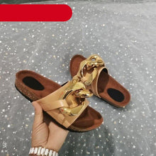 Load image into Gallery viewer, Women Slippers Metal Chain Leather Flat Slippers Women Fashion Casual Shoes Runway Half Women Flat Slide Sandals Slip On Open Toe Sandals Casual Style Slippers