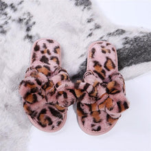 Load image into Gallery viewer, Women Slippers Winter Shoes Home Slippers Faux Fur Slippers Leopard Print Bow Decoration Shoes Faux Fur Slippers Warm Flip Flop House Slippers Open Toe Home Slippers For Girls