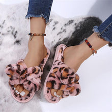 Load image into Gallery viewer, Women Slippers Winter Shoes Home Slippers Faux Fur Slippers Leopard Print Bow Decoration Shoes Faux Fur Slippers Warm Flip Flop House Slippers Open Toe Home Slippers For Girls