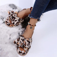 Load image into Gallery viewer, Women Slippers Winter Shoes Home Slippers Faux Fur Slippers Leopard Print Bow Decoration Shoes Faux Fur Slippers Warm Flip Flop House Slippers Open Toe Home Slippers For Girls
