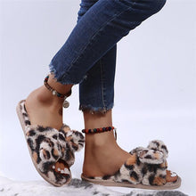 Load image into Gallery viewer, Women Slippers Winter Shoes Home Slippers Faux Fur Slippers Leopard Print Bow Decoration Shoes Faux Fur Slippers Warm Flip Flop House Slippers Open Toe Home Slippers For Girls