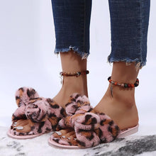 Load image into Gallery viewer, Women Slippers Winter Shoes Home Slippers Faux Fur Slippers Leopard Print Bow Decoration Shoes Faux Fur Slippers Warm Flip Flop House Slippers Open Toe Home Slippers For Girls