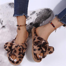 Load image into Gallery viewer, Women Slippers Winter Shoes Home Slippers Faux Fur Slippers Leopard Print Bow Decoration Shoes Faux Fur Slippers Warm Flip Flop House Slippers Open Toe Home Slippers For Girls