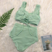 Load image into Gallery viewer, Women Solid Swimwear Female Bathing Suit Scalloped High Waist Bikini Set Two Pieces Women's Solid Color Lace-up High Waist Scoop Collar Padded Bathing Suit
