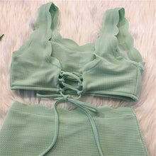 Load image into Gallery viewer, Women Solid Swimwear Female Bathing Suit Scalloped High Waist Bikini Set Two Pieces Women's Solid Color Lace-up High Waist Scoop Collar Padded Bathing Suit