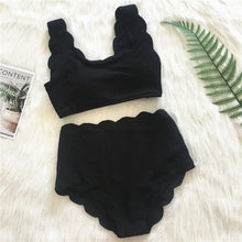 Load image into Gallery viewer, Women Solid Swimwear Female Bathing Suit Scalloped High Waist Bikini Set Two Pieces Women's Solid Color Lace-up High Waist Scoop Collar Padded Bathing Suit