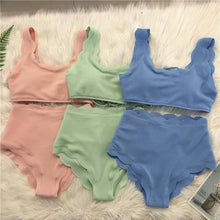 Load image into Gallery viewer, Women Solid Swimwear Female Bathing Suit Scalloped High Waist Bikini Set Two Pieces Women's Solid Color Lace-up High Waist Scoop Collar Padded Bathing Suit