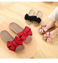 Load image into Gallery viewer, Women Summer Casual Slides Comfortable Flax Slippers Striped Bow Linen Flip Flops Platform Sandals Summer Indoor Slippers Linen Women's Slippers Flower Slippers