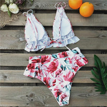 Load image into Gallery viewer, Women Summer High Waist Ruffle Bikini Set Swimwear Women Lady Floral Female Push Up Swimsuit Summer Beach Wear Bikini Pure Color Bikini Charming Ruffled Bra And Bottom Swimsuits