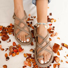 Load image into Gallery viewer, Women Summer Straw Rope Mesh Sandals Cross Tied Flat Sea Beach Casual Light Multi Elegant Design Flip Flop Trend Fashion High Quality Handmade Natural Comfortable Walking Sandals With Arch Support For Women