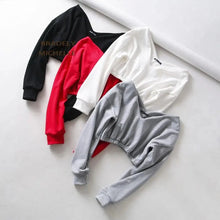Load image into Gallery viewer, Women Sweatshirt Streetwear Hoodies Hip Pop Crop Top Female Long Sleeve Deep V Neck Pullovers Womens Sweatshirts Pullover Tops Drop Shoulder Running Activewear Casual Gym Workout Sweatshirt