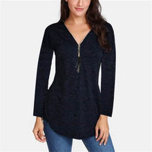 Load image into Gallery viewer, Women V-neck Zipper Long Sleeve Solid Color Top Plus Size Blouse Top