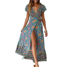Load image into Gallery viewer, Women's Bohemian Floral Printed Wrap V Neck Maxi Dress