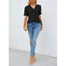 Load image into Gallery viewer, Women's Casual Lace Pom Pom V Neck Chiffon Short Sleeve Top