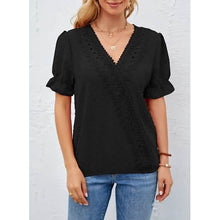 Load image into Gallery viewer, Women's Casual Lace Pom Pom V Neck Chiffon Short Sleeve Top