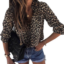 Load image into Gallery viewer, Womens Casual Tops V Neck Leopard Tunic Long Sleeve Button Down Shirts Top