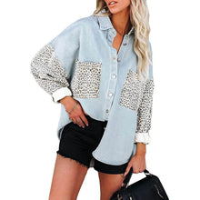 Load image into Gallery viewer, Womens Contrast Leopard Denim Jacket Long Sleeve Button Down Shirts