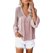 Load image into Gallery viewer, Women's Lace Crochet V Neck 3/4 Sleeve Button Down Blouses Casual Shirts Tops