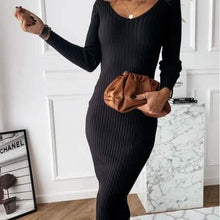 Load image into Gallery viewer, Women's Long Sleeve Dress V-neck Casual Dresses Soid Color Stripe Bodycon Dress Plus Size Long Dress