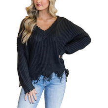 Load image into Gallery viewer, Women's Loose Knitted Sweater Long Sleeve V-Neck Ripped Pullover Sweaters Crop Top Knit Jumper