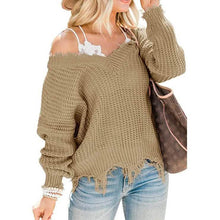 Load image into Gallery viewer, Women's Loose Knitted Sweater Long Sleeve V-Neck Ripped Pullover Sweaters Crop Top Knit Jumper