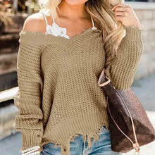 Load image into Gallery viewer, Women's Loose Knitted Sweater Long Sleeve V-Neck Ripped Pullover Sweaters Crop Top Knit Jumper