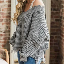 Load image into Gallery viewer, Women's Loose Knitted Sweater Long Sleeve V-Neck Ripped Pullover Sweaters Crop Top Knit Jumper