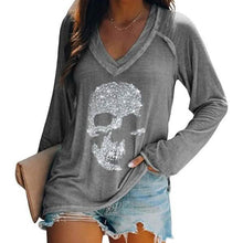 Load image into Gallery viewer, Women's Loose Skull Printed Long Sleeved V-neck Shirts Cotton Tops