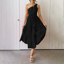 Load image into Gallery viewer, Womens One Shoulder Sleeveless Smocked Ruffle Tiered Beach Long Midi Dress