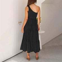 Load image into Gallery viewer, Womens One Shoulder Sleeveless Smocked Ruffle Tiered Beach Long Midi Dress