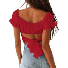 Load image into Gallery viewer, Women's Ruffle Short Sleeve Tie Shirt