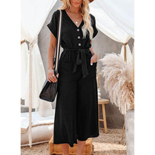 Load image into Gallery viewer, Women's Short Sleeve V Neck Button Belt Wide Leg Jumpsuit