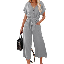 Load image into Gallery viewer, Women's Short Sleeve V Neck Button Belt Wide Leg Jumpsuit