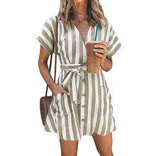 Load image into Gallery viewer, Womens Stripe Short Sleeve Wrap V Neck Button Front Tie Belted Dress