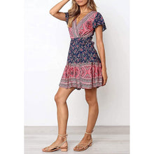 Load image into Gallery viewer, Women's Summer Wrap V Neck Bohemian Floral Print Mini Dress