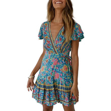 Load image into Gallery viewer, Women's Summer Wrap V Neck Bohemian Floral Print Mini Dress