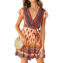 Load image into Gallery viewer, Women's Summer Wrap V Neck Bohemian Floral Print Mini Dress
