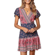 Load image into Gallery viewer, Women's Summer Wrap V Neck Bohemian Floral Print Mini Dress