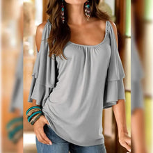 Load image into Gallery viewer, Women's T-Shirt Plain Ruffle Cold Shoulder Short Sleeve