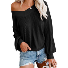 Load image into Gallery viewer, Women's V Neck Long Sleeve Waffle Knit Top Off Shoulder Oversized Pullover Sweater