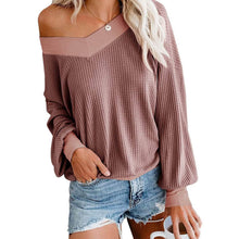Load image into Gallery viewer, Women's V Neck Long Sleeve Waffle Knit Top Off Shoulder Oversized Pullover Sweater