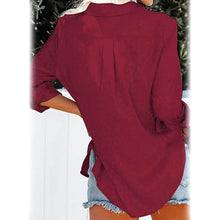 Load image into Gallery viewer, Women's V Neck Satin Embossed Roll Up Cuff Button Shirt Top