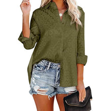 Load image into Gallery viewer, Women's V Neck Satin Embossed Roll Up Cuff Button Shirt Top