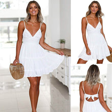 Load image into Gallery viewer, Womens V-Neck Spaghetti Strap Bowknot Backless Sleeveless Lace Mini Swing Skater Dress
