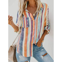 Load image into Gallery viewer, Women's V-Neck Striped Roll-Up Cuff Shirt
