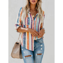 Load image into Gallery viewer, Women's V-Neck Striped Roll-Up Cuff Shirt