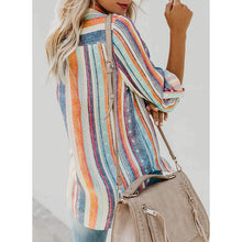 Load image into Gallery viewer, Women's V-Neck Striped Roll-Up Cuff Shirt